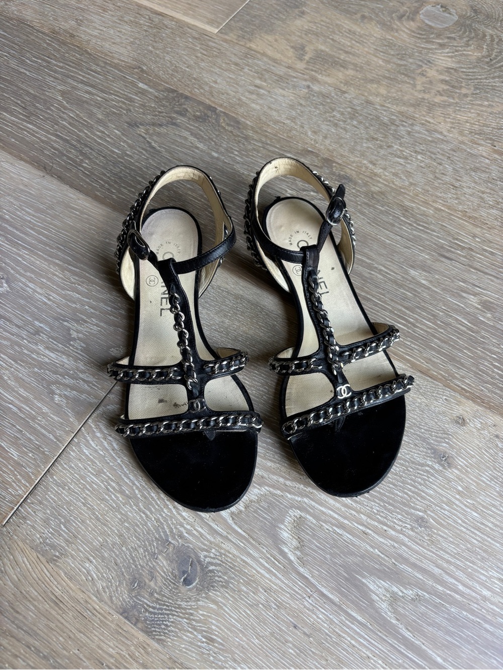 CHANEL Black Chain-Trim T-Strap Heels